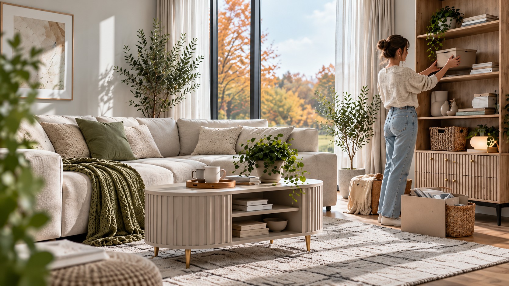 Uprataná obývačka s regálom a úložným priestorom na jeseň